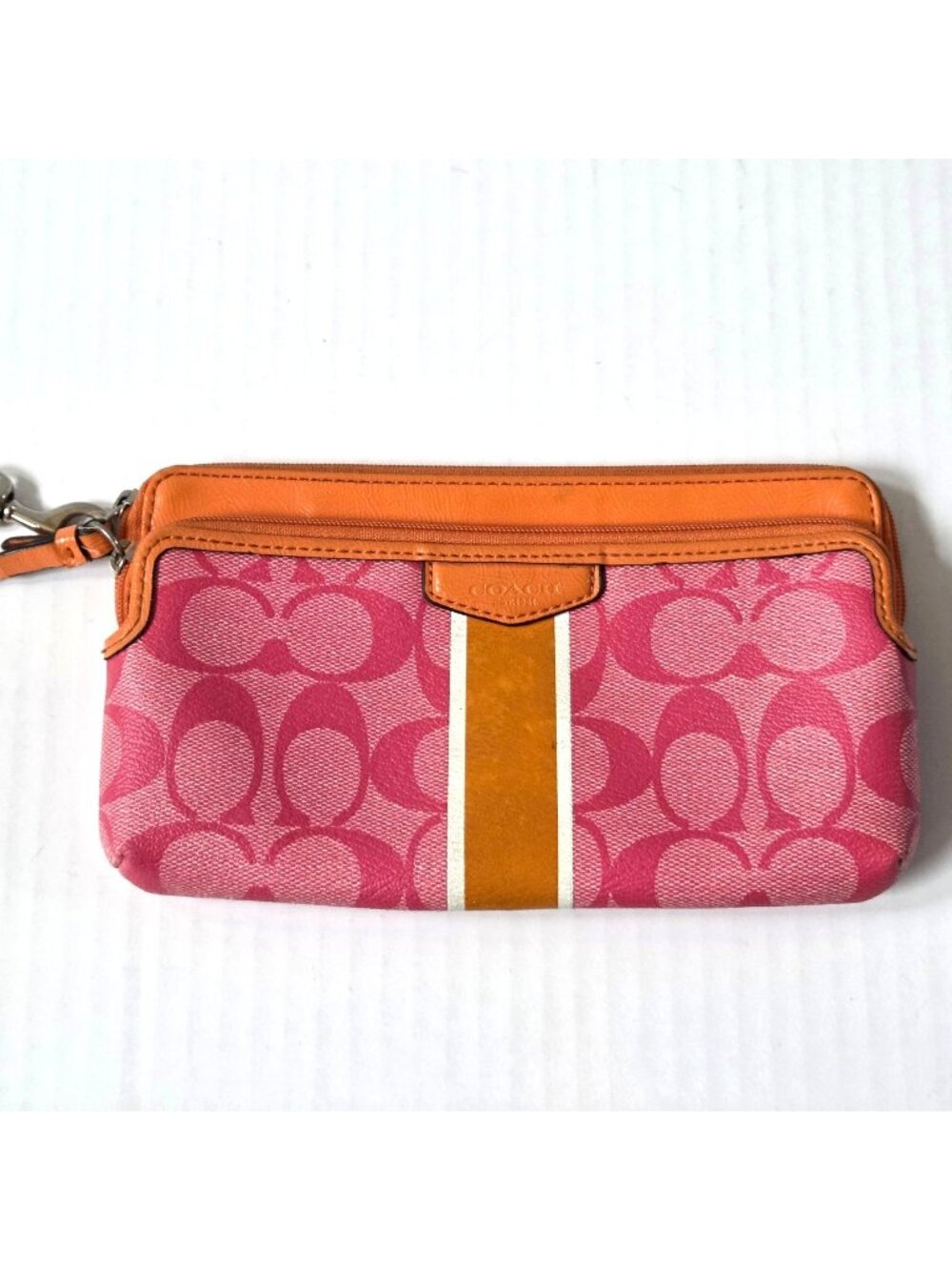 Coach Wallet Pink Orange Signature Stripe Coated Canvas Double Zip Wristlet